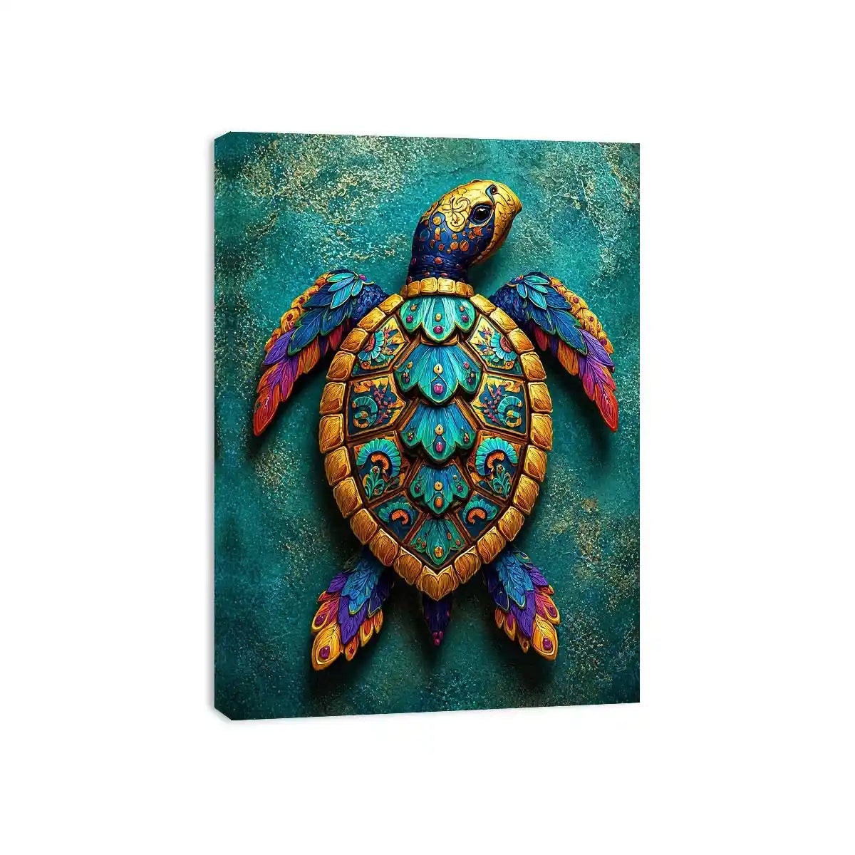 colorful turtle wall art coastal decor canvas, decorative sea turtle artwork vibrant modern design, marine turtle illustration teal gold wall decor, tropical ocean animal canvas art