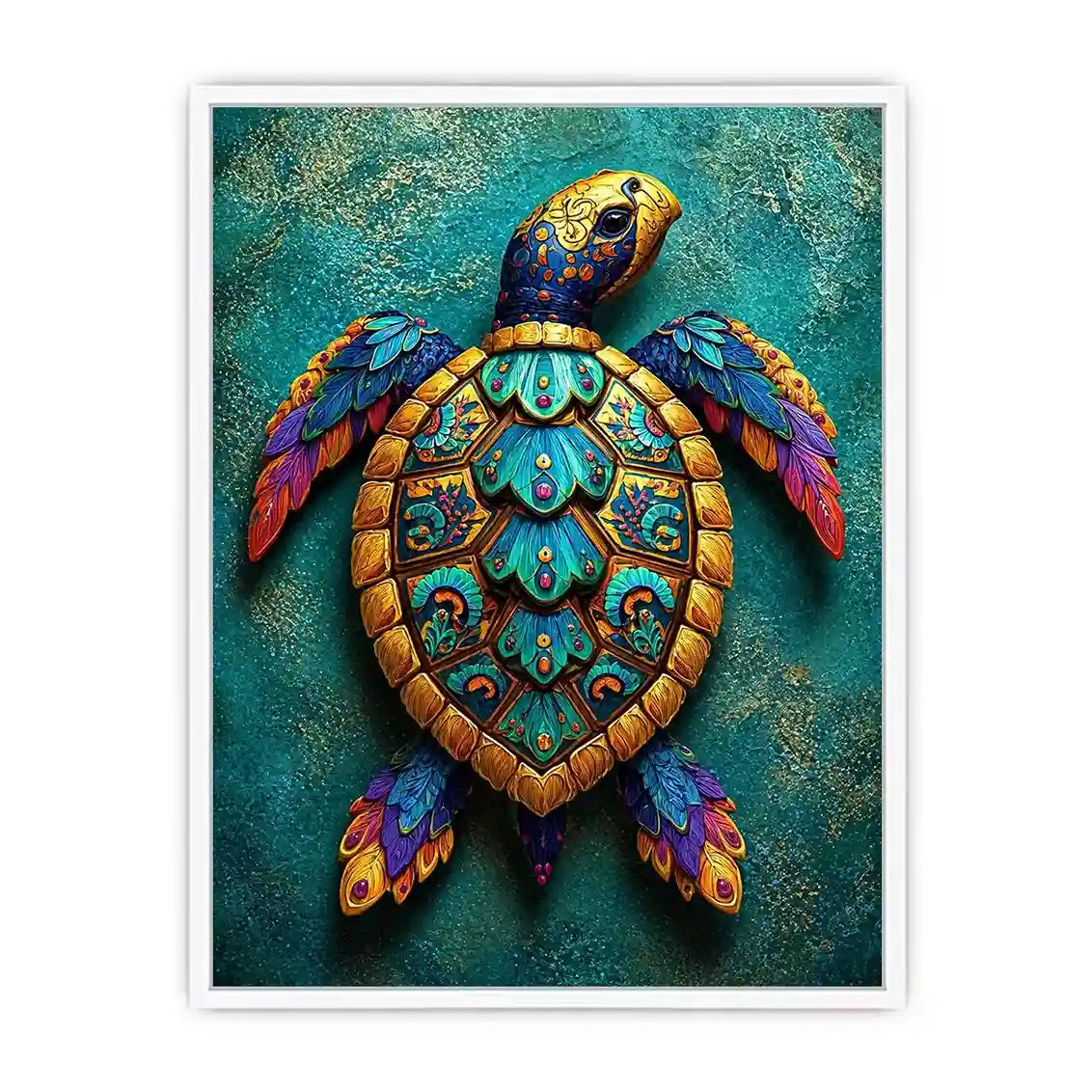 colorful turtle wall art coastal decor canvas, decorative sea turtle artwork vibrant modern design, marine turtle illustration teal gold wall decor, tropical ocean animal canvas art