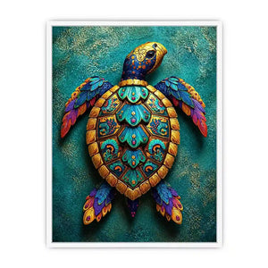 colorful turtle wall art coastal decor canvas, decorative sea turtle artwork vibrant modern design, marine turtle illustration teal gold wall decor, tropical ocean animal canvas art