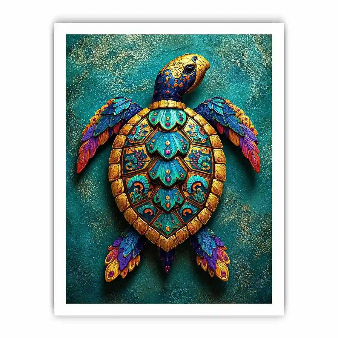 colorful turtle wall art coastal decor canvas, decorative sea turtle artwork vibrant modern design, marine turtle illustration teal gold wall decor, tropical ocean animal canvas art