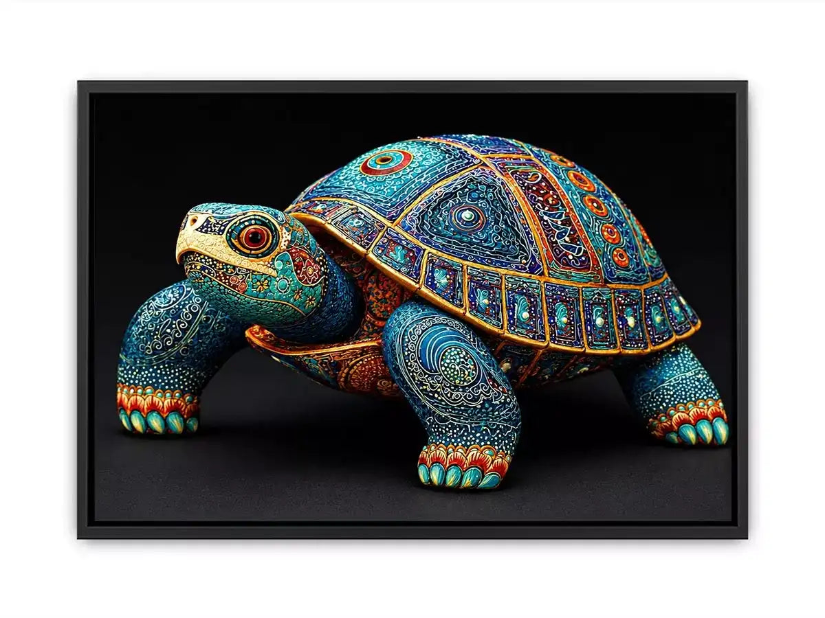 ornate turtle wall art canvas, luxury blue gold turtle artwork, decorative sea life canvas art, detailed reptile illustration wall art