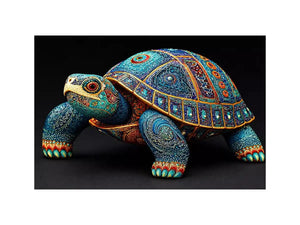 ornate turtle wall art canvas, luxury blue gold turtle artwork, decorative sea life canvas art, detailed reptile illustration wall art