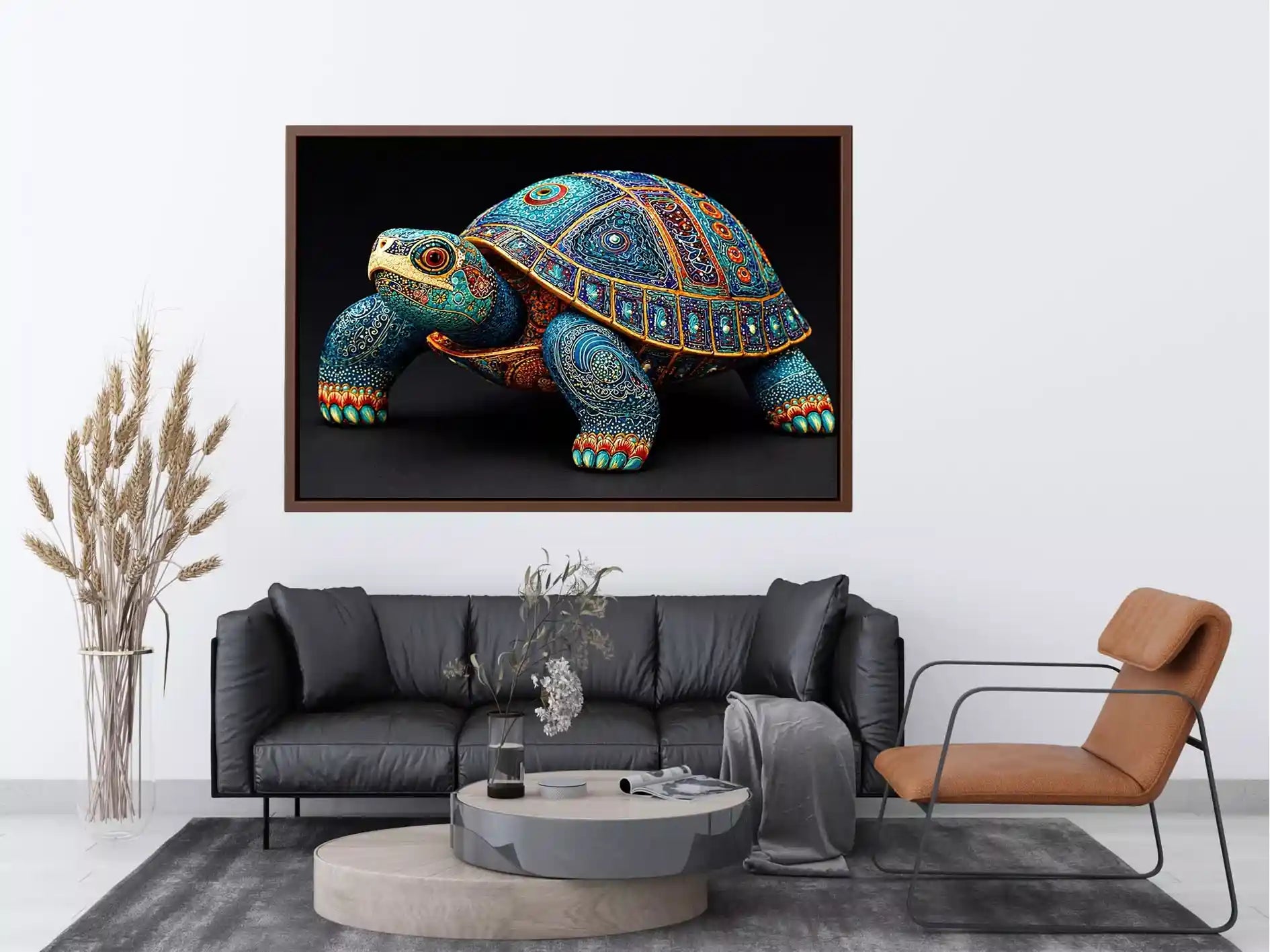 ornate turtle wall art canvas, luxury blue gold turtle artwork, decorative sea life canvas art, detailed reptile illustration wall art