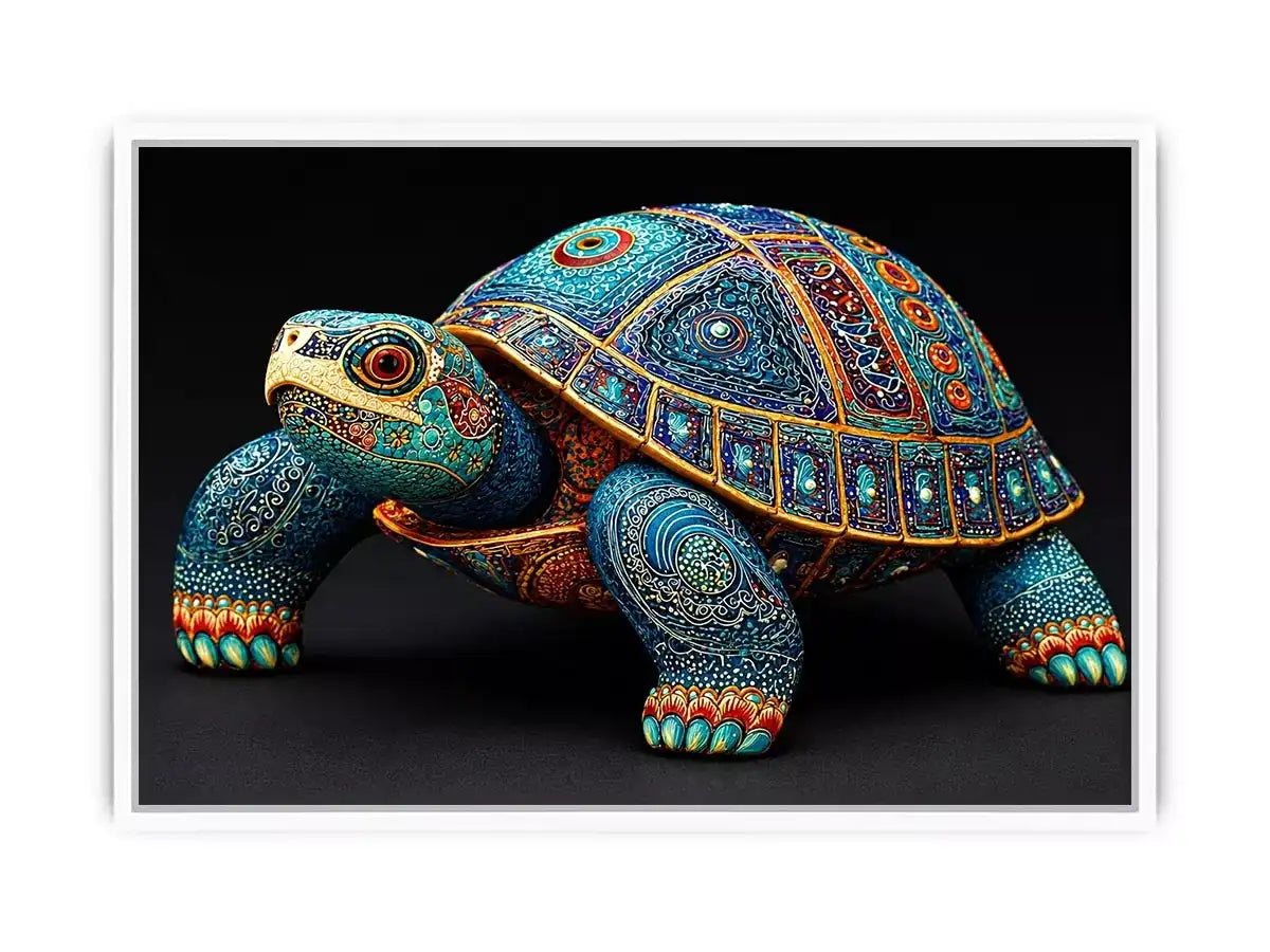 ornate turtle wall art canvas, luxury blue gold turtle artwork, decorative sea life canvas art, detailed reptile illustration wall art
