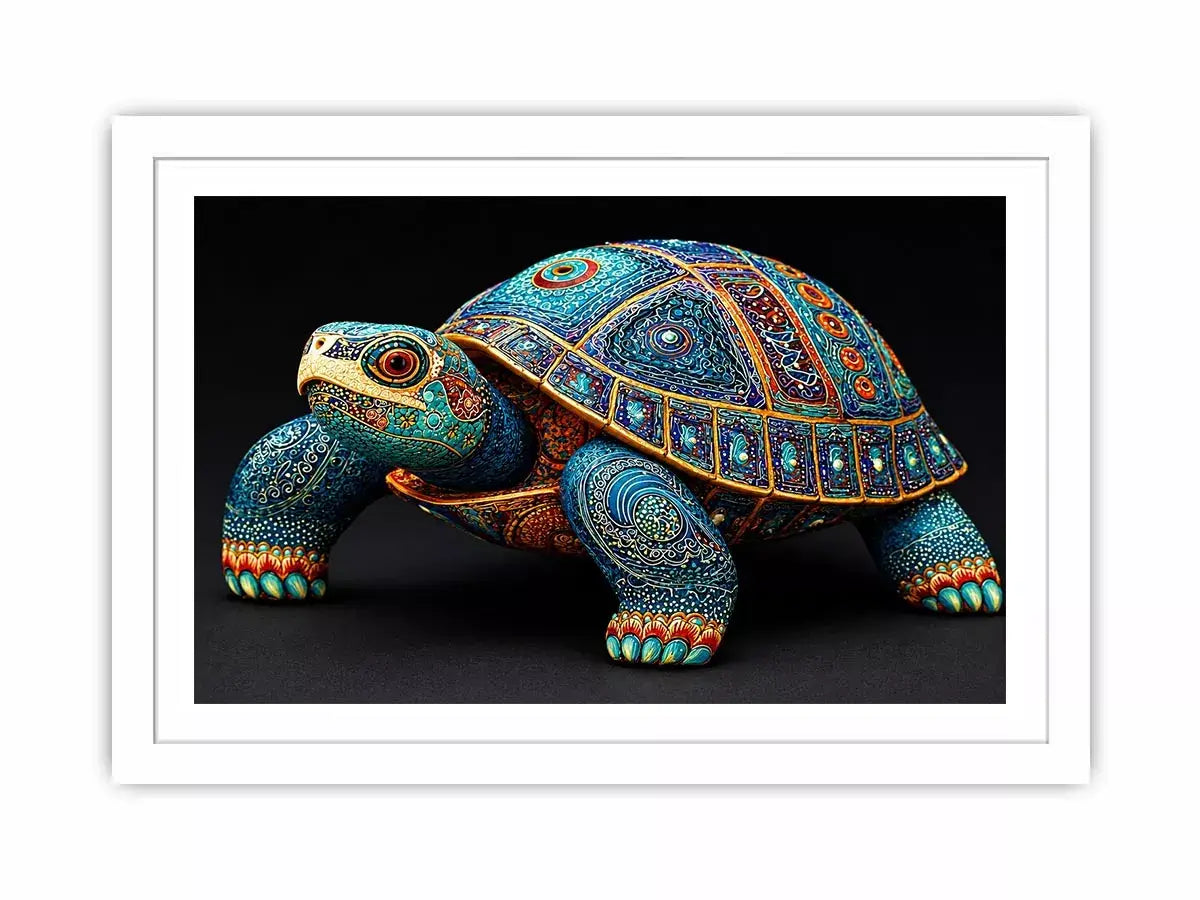 ornate turtle wall art canvas, luxury blue gold turtle artwork, decorative sea life canvas art, detailed reptile illustration wall art