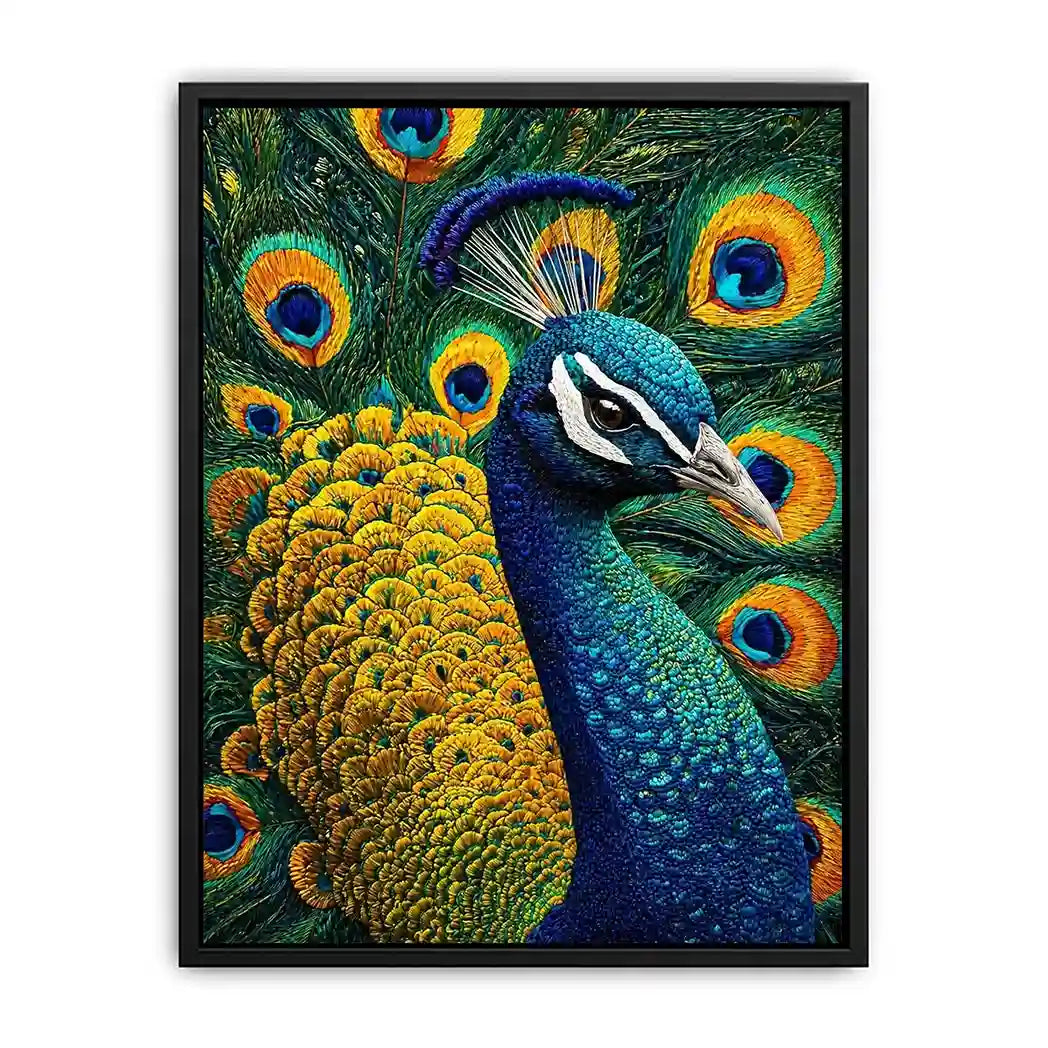 peacock wall art canvas colorful feathers, luxury blue gold peacock artwork, vibrant bird canvas wall decor, detailed peacock feather painting