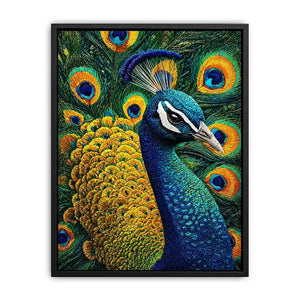 peacock wall art canvas colorful feathers, luxury blue gold peacock artwork, vibrant bird canvas wall decor, detailed peacock feather painting