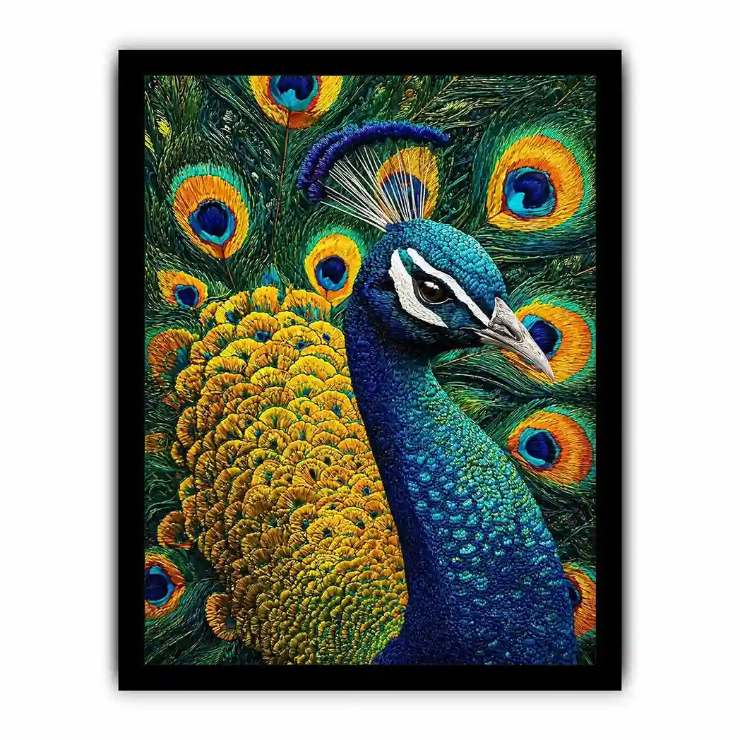 peacock wall art canvas colorful feathers, luxury blue gold peacock artwork, vibrant bird canvas wall decor, detailed peacock feather painting