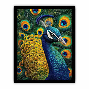 peacock wall art canvas colorful feathers, luxury blue gold peacock artwork, vibrant bird canvas wall decor, detailed peacock feather painting