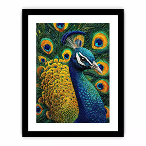 peacock wall art canvas colorful feathers, luxury blue gold peacock artwork, vibrant bird canvas wall decor, detailed peacock feather painting