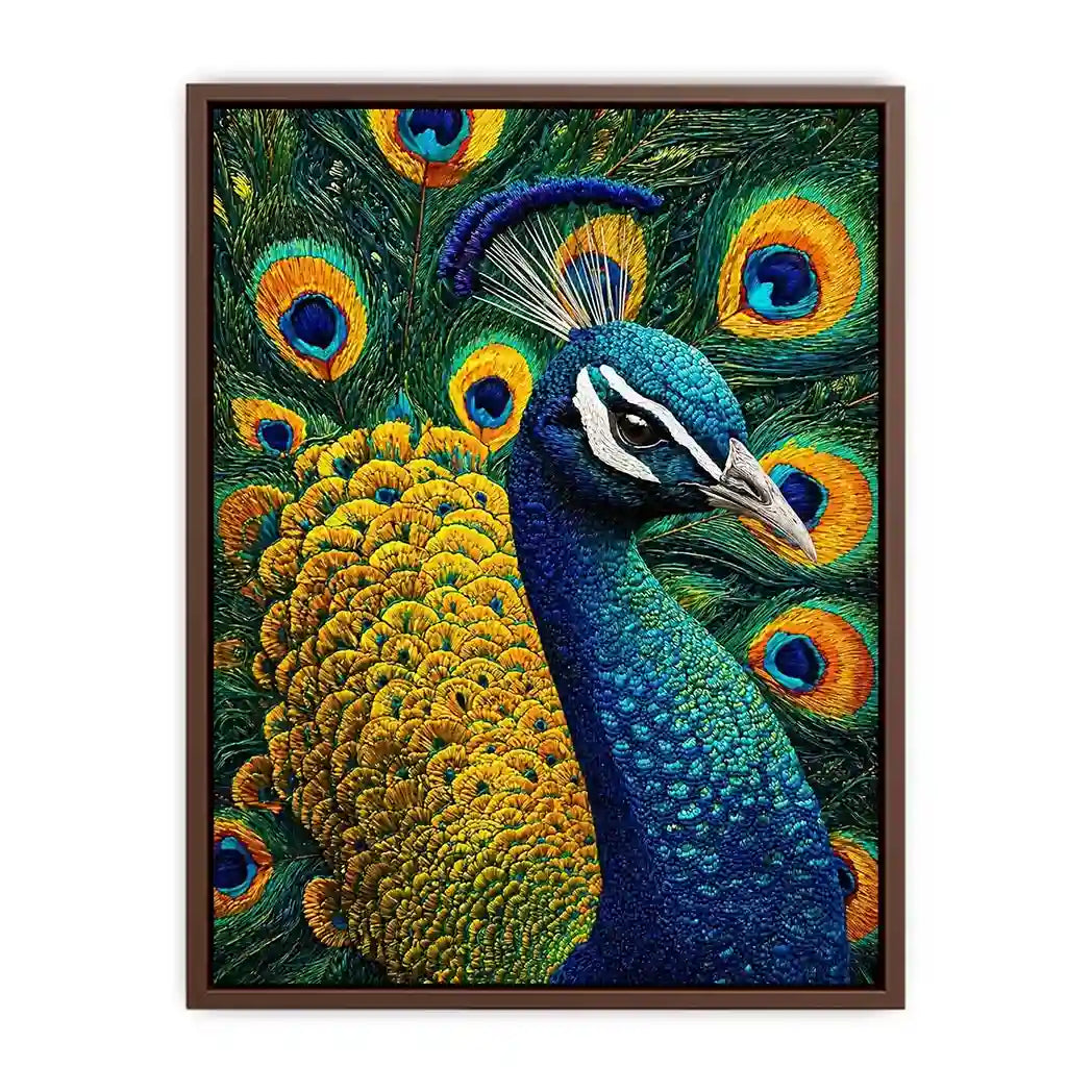 peacock wall art canvas colorful feathers, luxury blue gold peacock artwork, vibrant bird canvas wall decor, detailed peacock feather painting