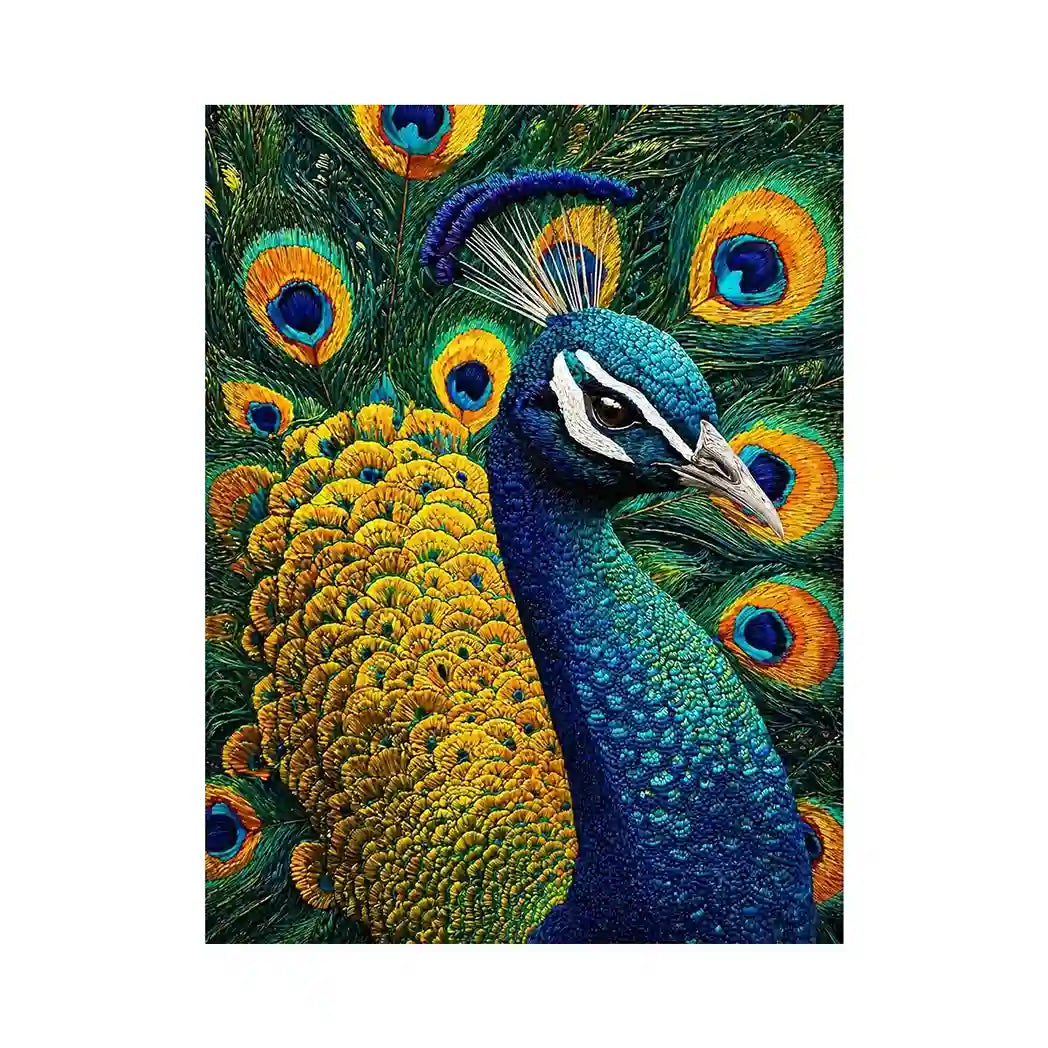 peacock wall art canvas colorful feathers, luxury blue gold peacock artwork, vibrant bird canvas wall decor, detailed peacock feather painting