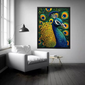 peacock wall art canvas colorful feathers, luxury blue gold peacock artwork, vibrant bird canvas wall decor, detailed peacock feather painting