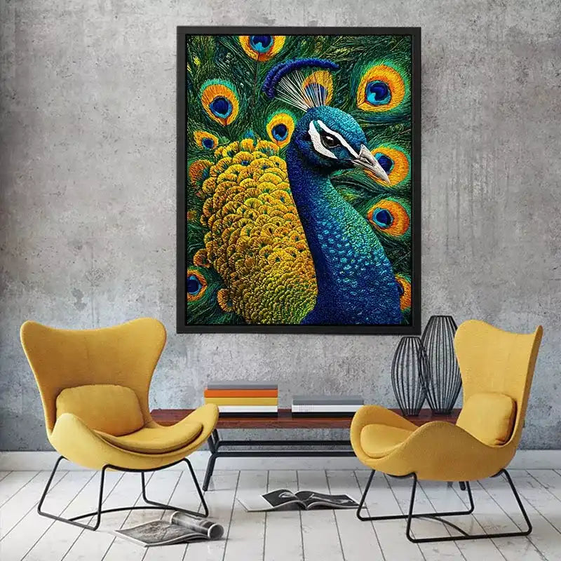 peacock wall art canvas colorful feathers, luxury blue gold peacock artwork, vibrant bird canvas wall decor, detailed peacock feather painting