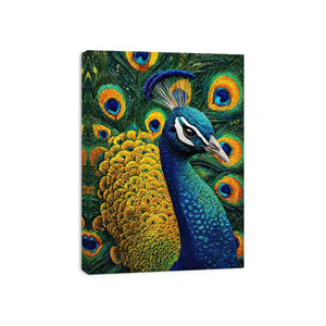 peacock wall art canvas colorful feathers, luxury blue gold peacock artwork, vibrant bird canvas wall decor, detailed peacock feather painting
