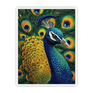 peacock wall art canvas colorful feathers, luxury blue gold peacock artwork, vibrant bird canvas wall decor, detailed peacock feather painting