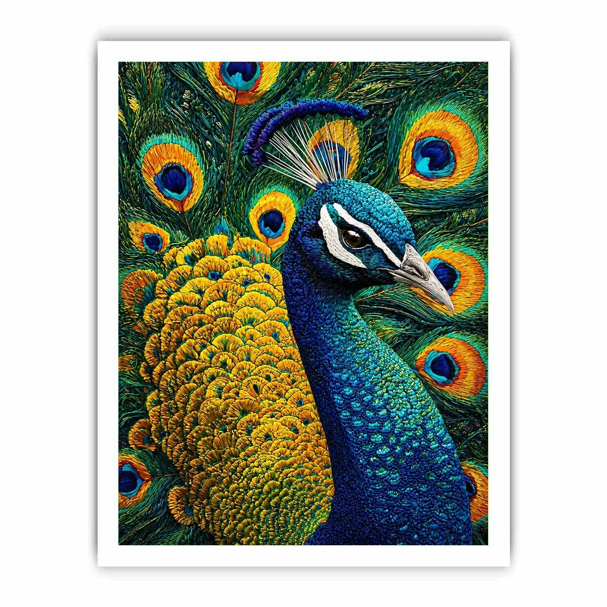 peacock wall art canvas colorful feathers, luxury blue gold peacock artwork, vibrant bird canvas wall decor, detailed peacock feather painting