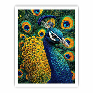peacock wall art canvas colorful feathers, luxury blue gold peacock artwork, vibrant bird canvas wall decor, detailed peacock feather painting