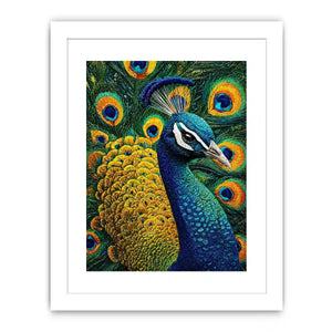 peacock wall art canvas colorful feathers, luxury blue gold peacock artwork, vibrant bird canvas wall decor, detailed peacock feather painting
