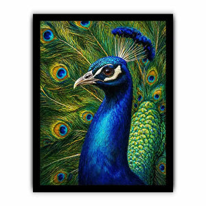 Vibrant peacock wall art with detailed blue and gold feathers