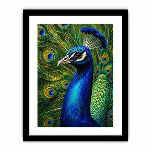 Vibrant peacock wall art with detailed blue and gold feathers