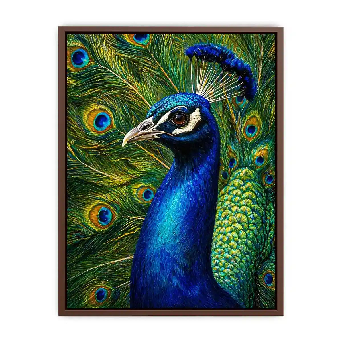 Vibrant peacock wall art with detailed blue and gold feathers