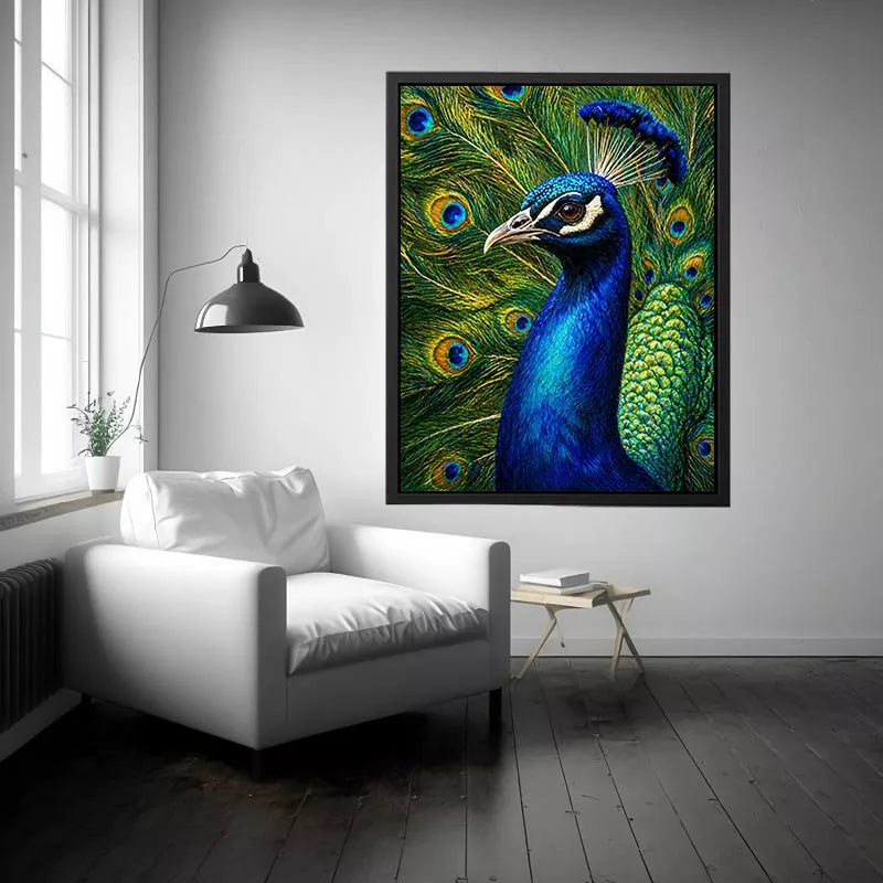 Vibrant peacock wall art with detailed blue and gold feathers