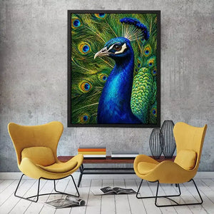Vibrant peacock wall art with detailed blue and gold feathers