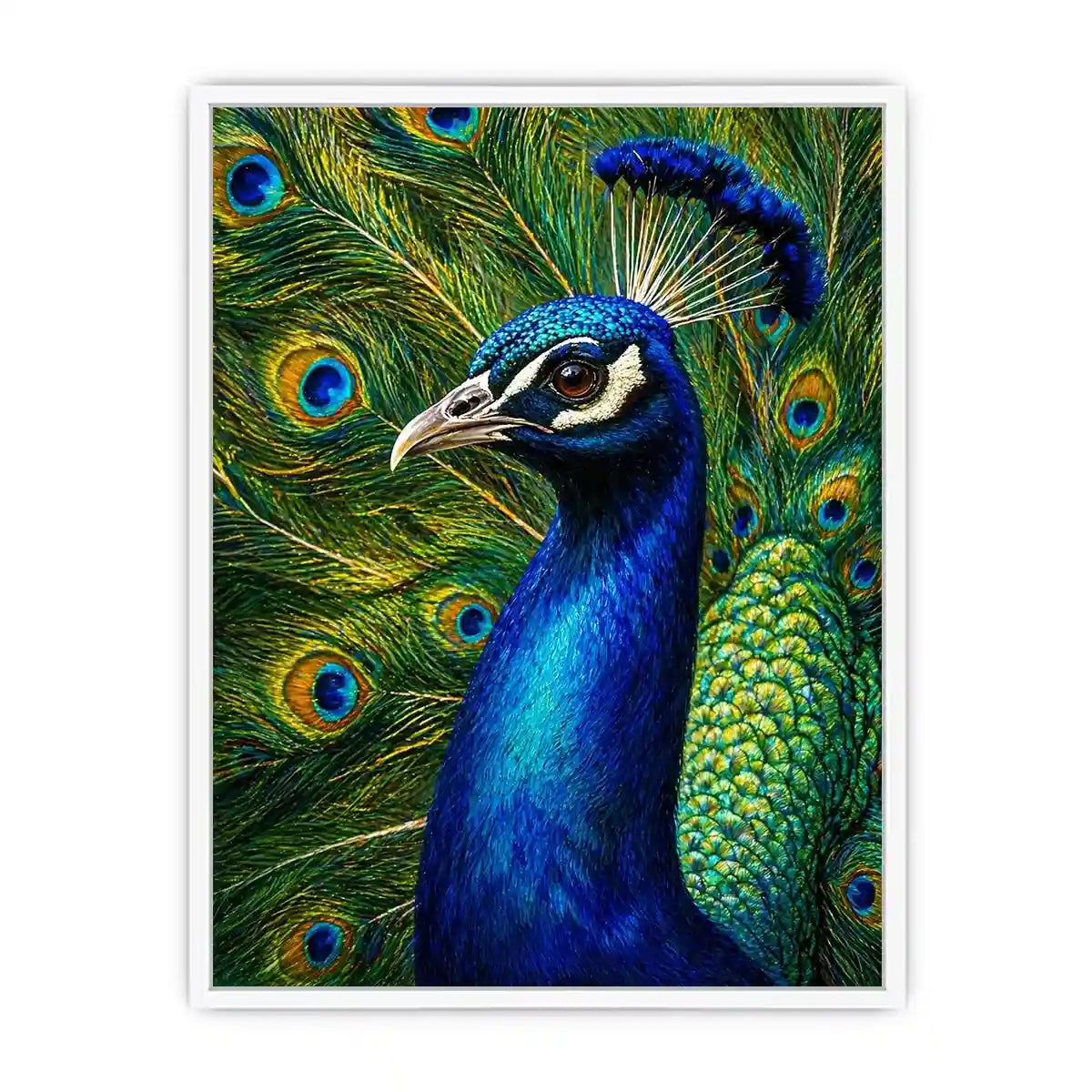 Vibrant peacock wall art with detailed blue and gold feathers