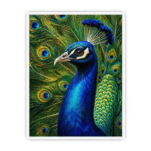 Vibrant peacock wall art with detailed blue and gold feathers