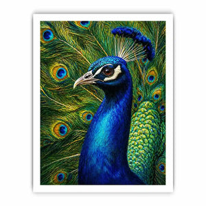 Vibrant peacock wall art with detailed blue and gold feathers