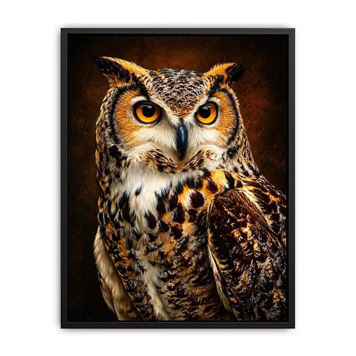Realistic owl wall art with glowing golden eyes and detailed feathers
