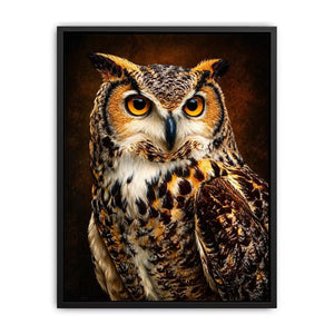 Realistic owl wall art with glowing golden eyes and detailed feathers