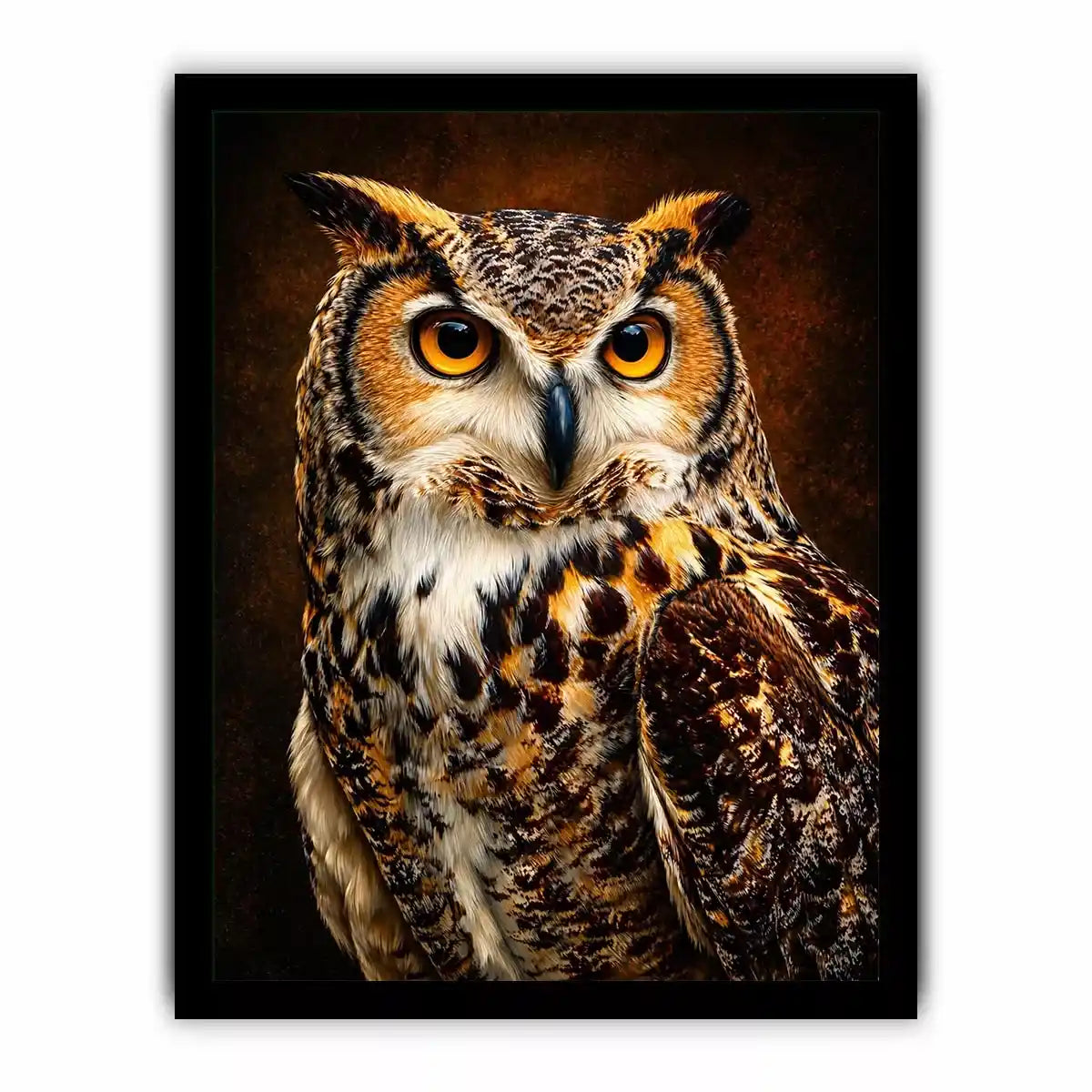 Realistic owl wall art with glowing golden eyes and detailed feathers
