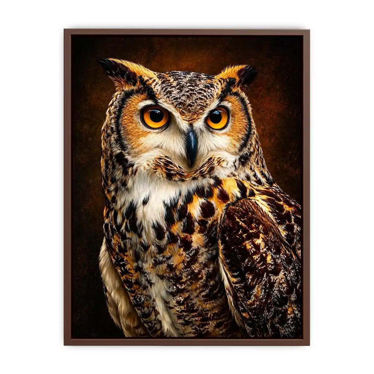 Realistic owl wall art with glowing golden eyes and detailed feathers