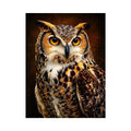Realistic owl wall art with glowing golden eyes and detailed feathers