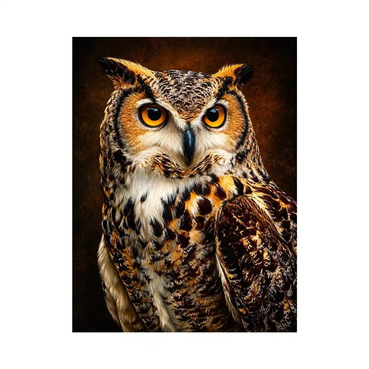Realistic owl wall art with glowing golden eyes and detailed feathers