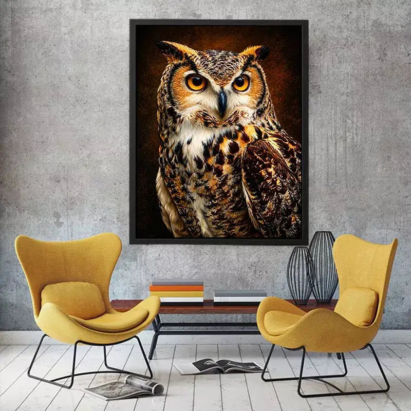 Realistic owl wall art with glowing golden eyes and detailed feathers