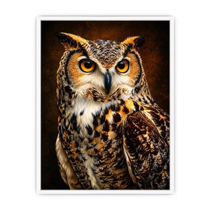 Realistic owl wall art with glowing golden eyes and detailed feathers