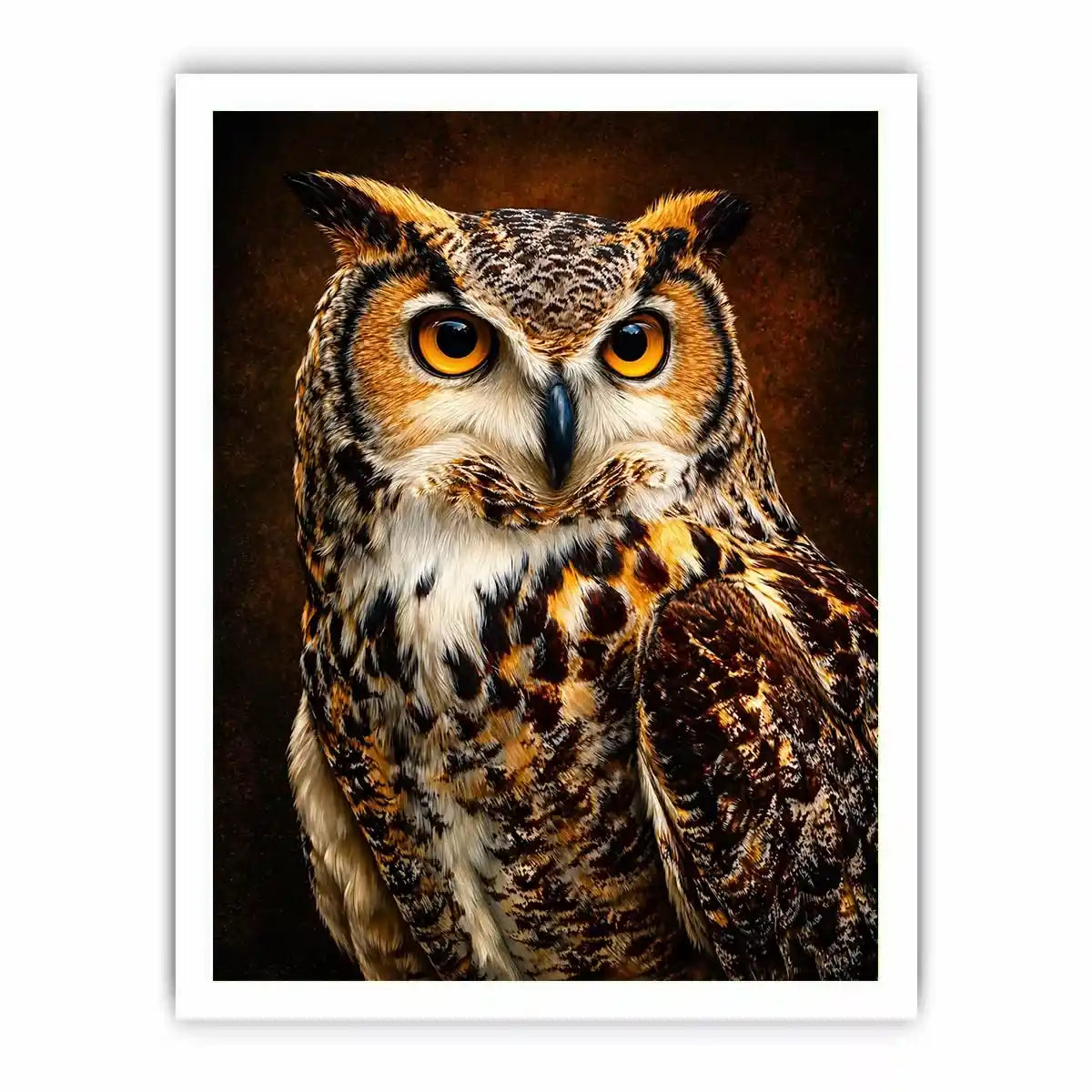 Realistic owl wall art with glowing golden eyes and detailed feathers