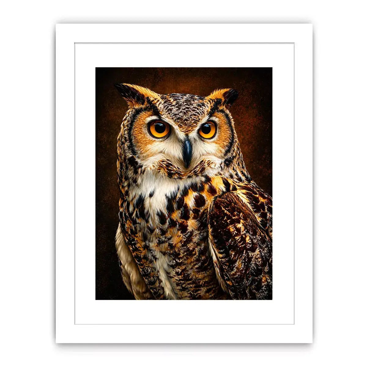 Realistic owl wall art with glowing golden eyes and detailed feathers