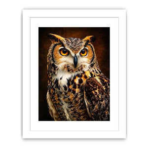 Realistic owl wall art with glowing golden eyes and detailed feathers