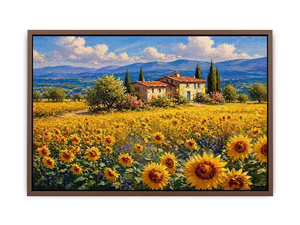 Impressionist sunflower field with rustic villa landscape wall art canvas