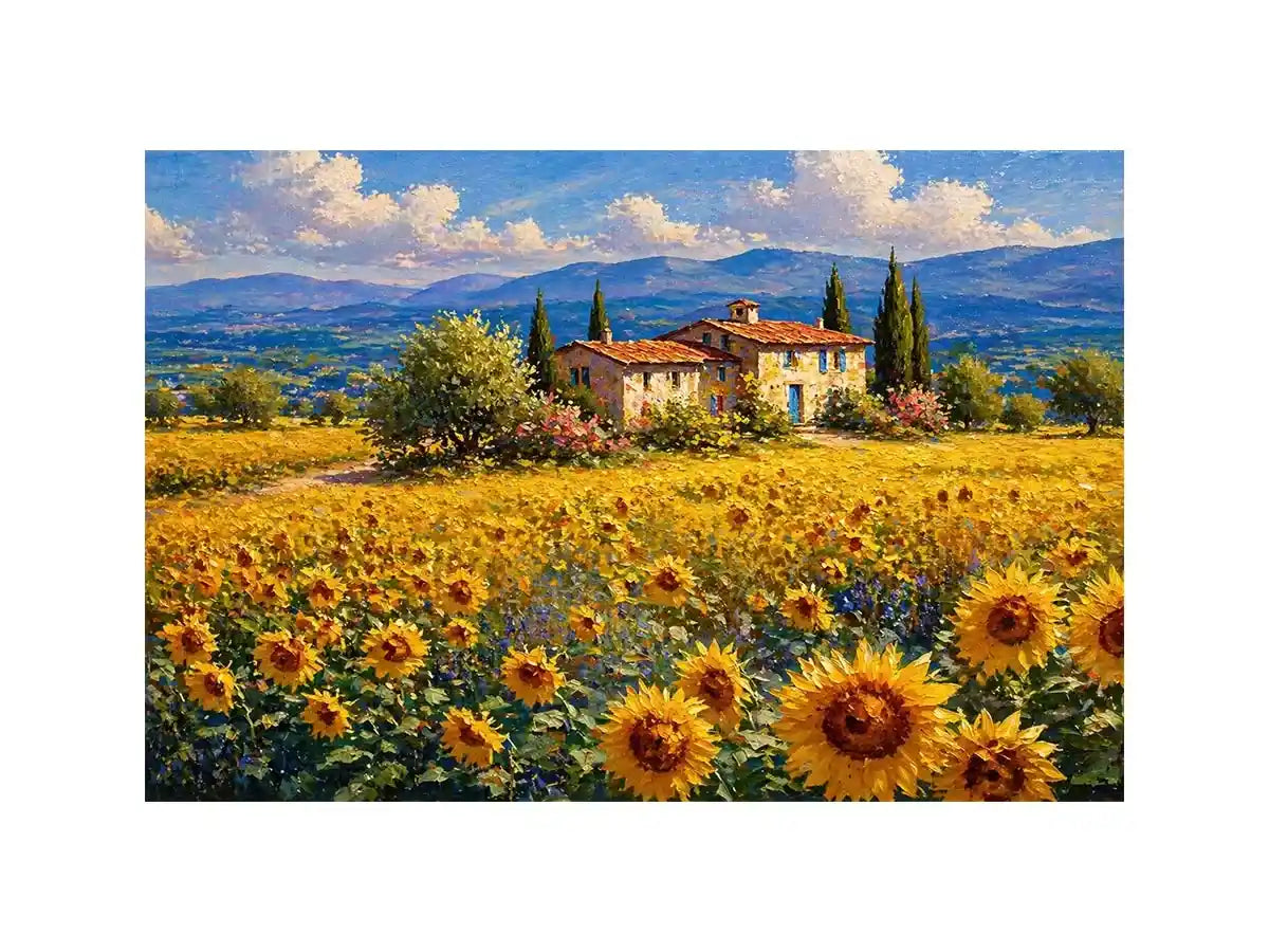 Impressionist sunflower field with rustic villa landscape wall art canvas