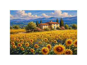 Impressionist sunflower field with rustic villa landscape wall art canvas
