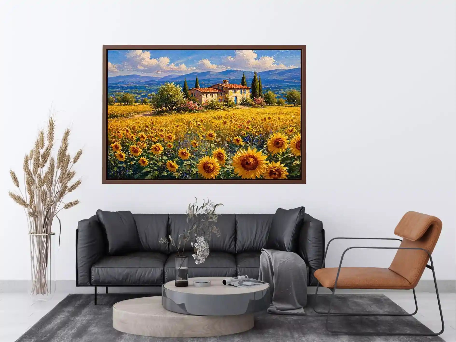Impressionist sunflower field with rustic villa landscape wall art canvas