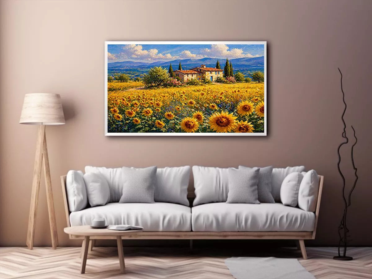 Impressionist sunflower field with rustic villa landscape wall art canvas