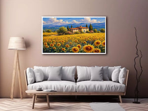 Impressionist sunflower field with rustic villa landscape wall art canvas