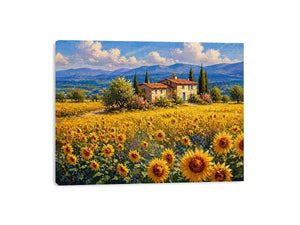 Impressionist sunflower field with rustic villa landscape wall art canvas