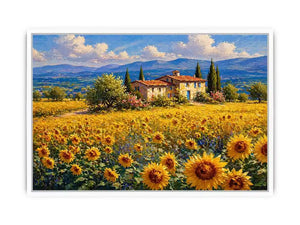 Impressionist sunflower field with rustic villa landscape wall art canvas